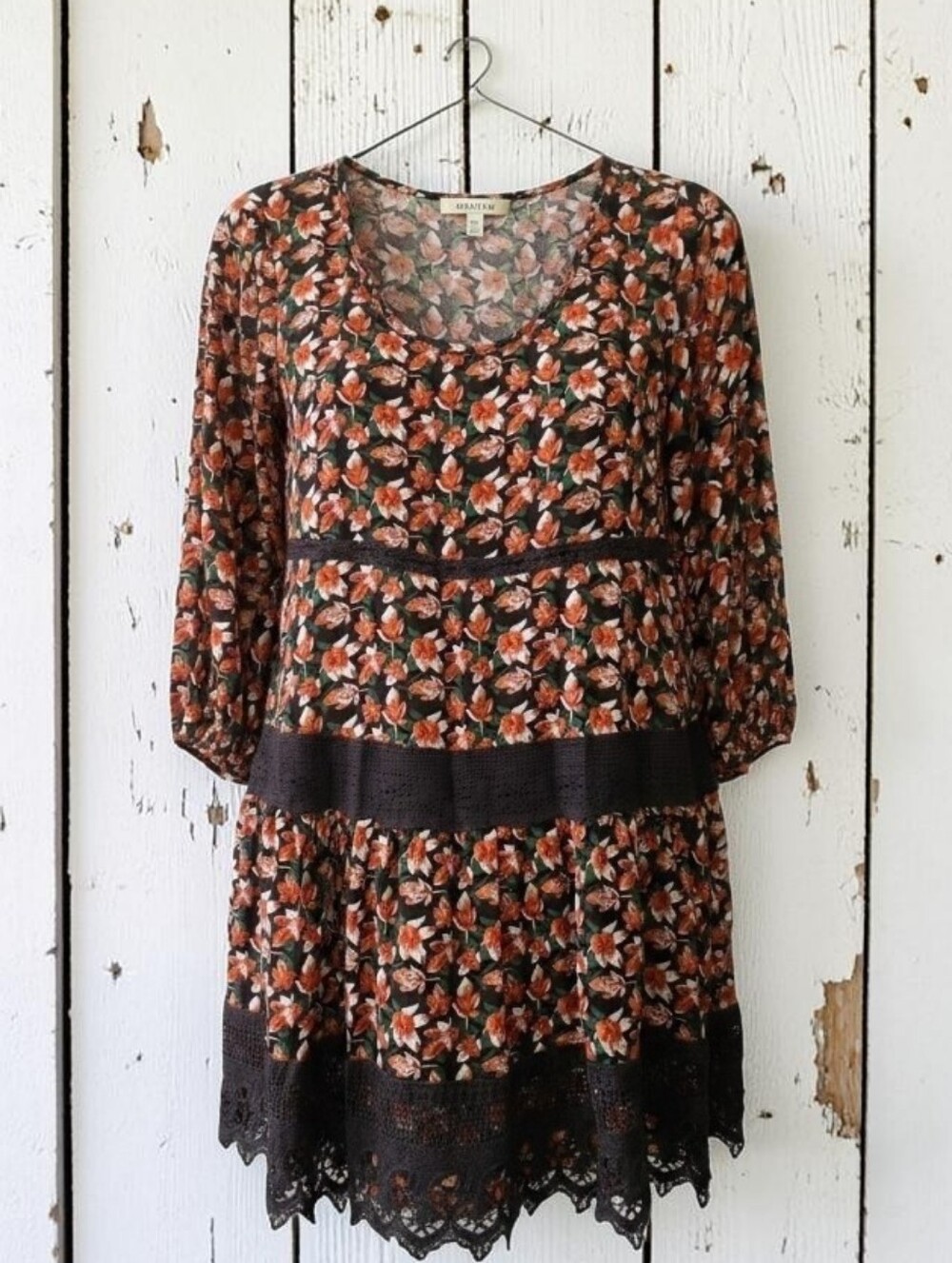 Floral Tiered Tunic/Midi Dress with Lace Trim - Black/Rust Floral